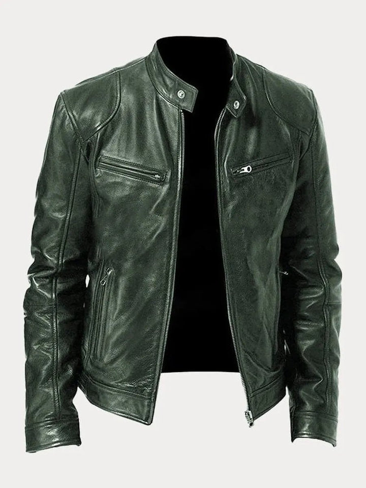 Herren Slim-Fit Biker Quilted Jacket aus Kunstleder mit Reißverschluss - Militärgrün