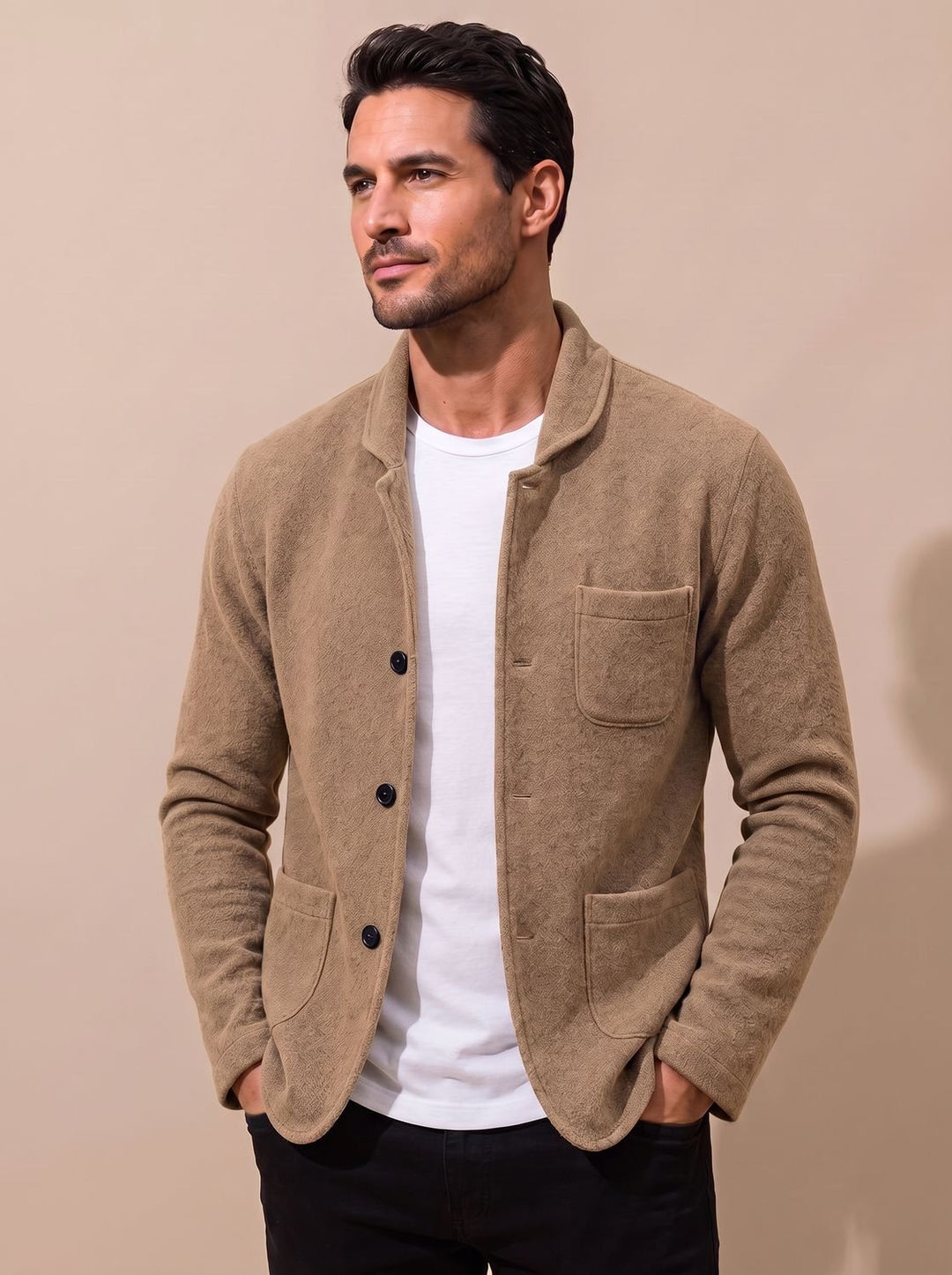 Herren Slim-Fit Button-Front Strickjacke mit Reverskragen - Beige