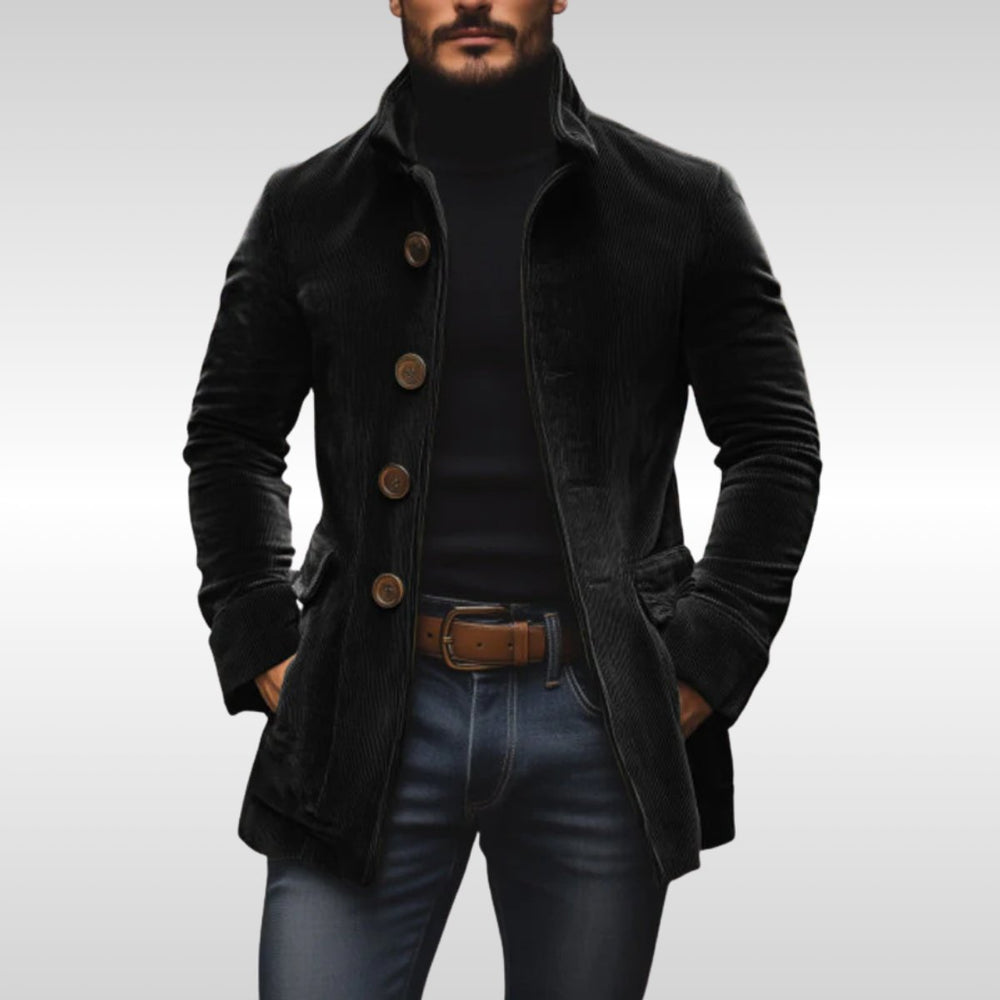 Herren Slim-Fit Cord Wool Coat mit Stehkragen - Schwarz