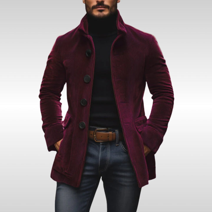 Herren Slim-Fit Cord Wool Coat mit Stehkragen - Weinrot