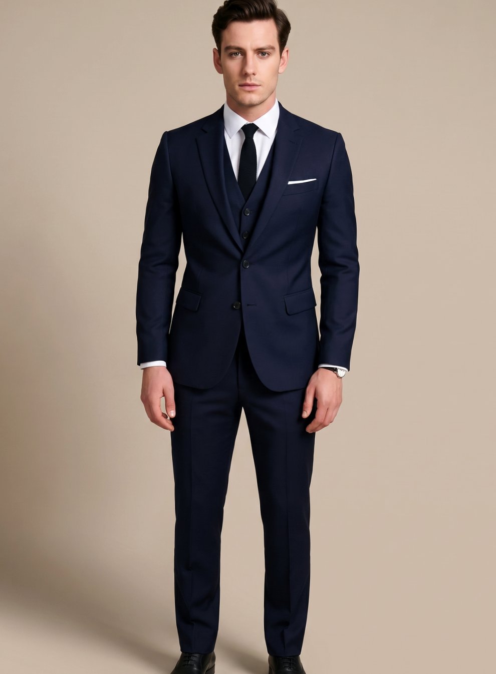 Herren Slim-Fit Dreiteiliger Formeller Anzug mit Reverskragen - Marineblau