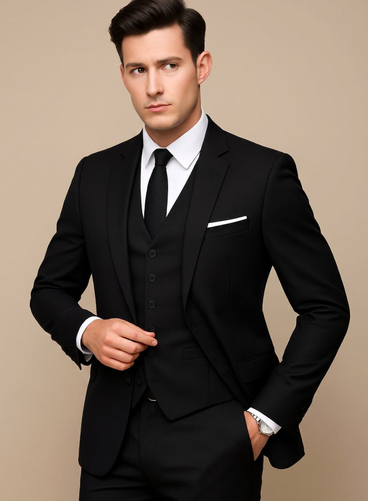 Herren Slim-Fit Dreiteiliger Formeller Anzug mit Reverskragen - Schwarz