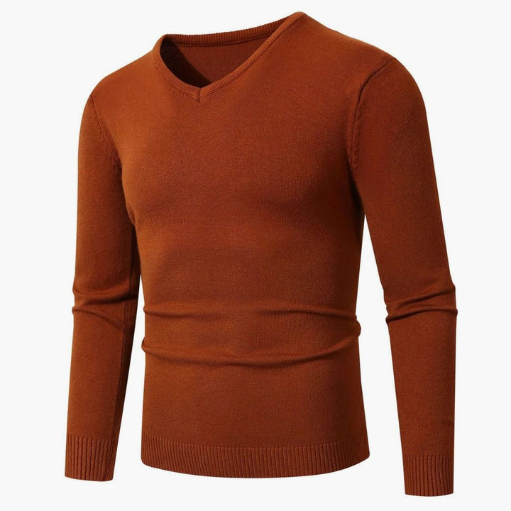 Herren Slim-Fit Feinstrick-Pullover V-Ausschnitt gerippte Bündchen - Karamell
