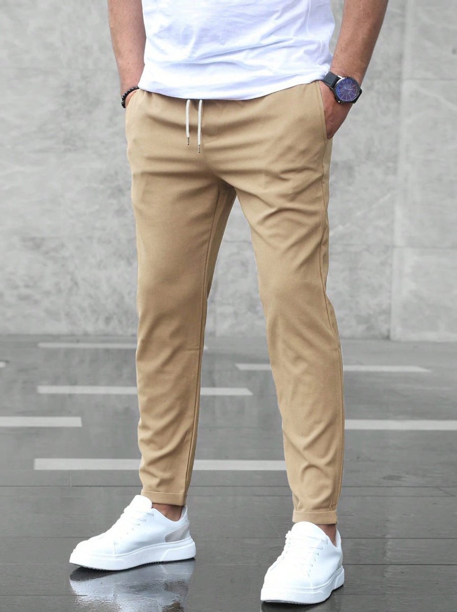 Herren Slim-Fit Jogger-Chino Hose mit Kordelzug - Khaki