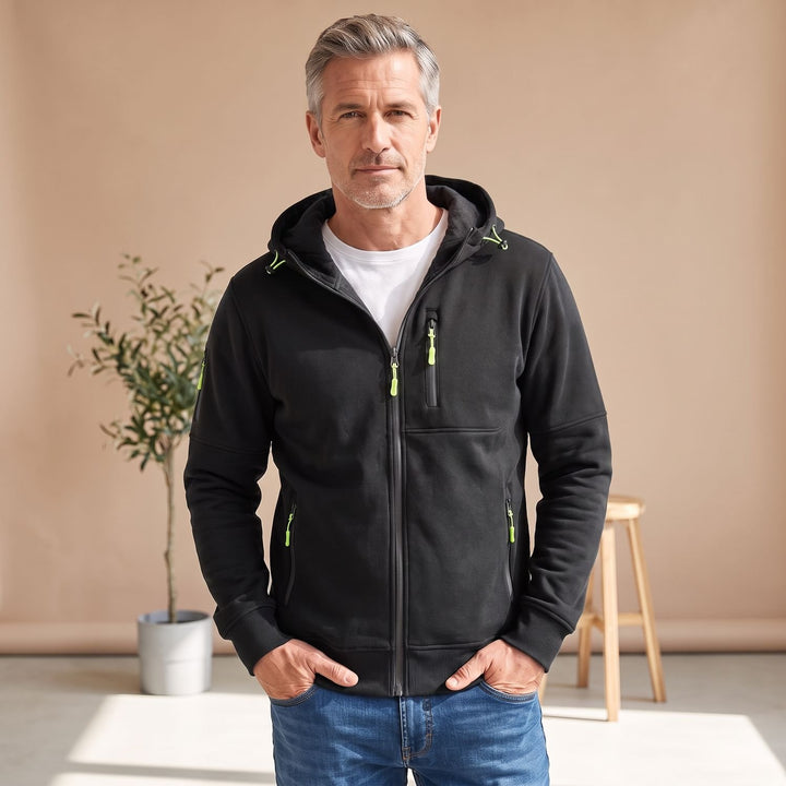 Herren Slim-Fit Kapuzenjacke mit Reißverschluss und Reißverschlusstaschen - Schwarz