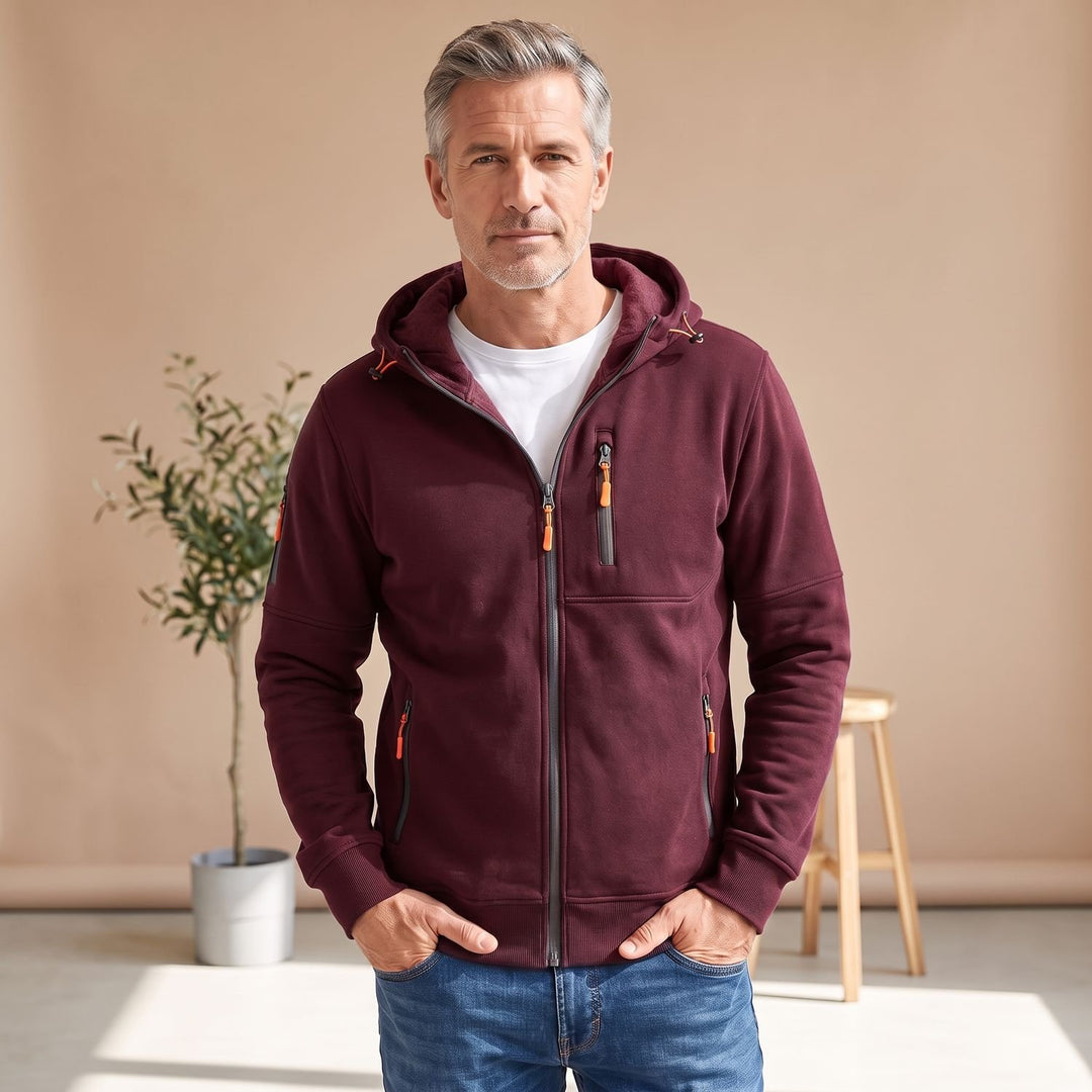 Herren Slim-Fit Kapuzenjacke mit Reißverschluss und Reißverschlusstaschen - Burgunder