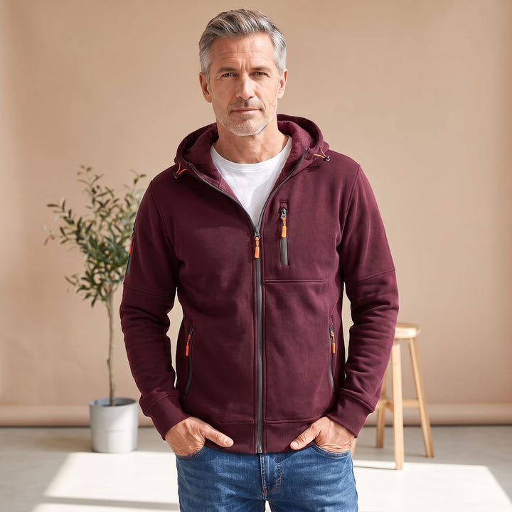 Herren Slim-Fit Kapuzenjacke mit Reißverschluss und Reißverschlusstaschen - Burgunder