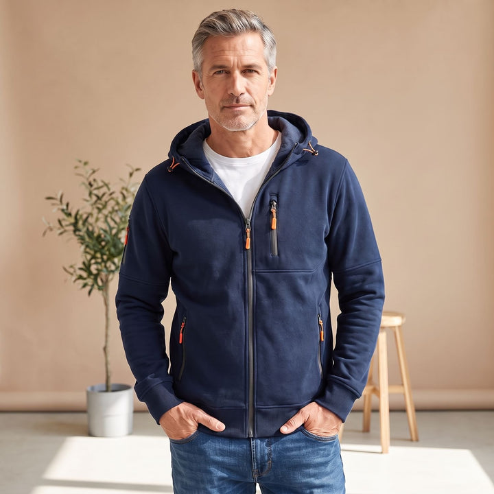 Herren Slim-Fit Kapuzenjacke mit Reißverschluss und Reißverschlusstaschen - Marineblau