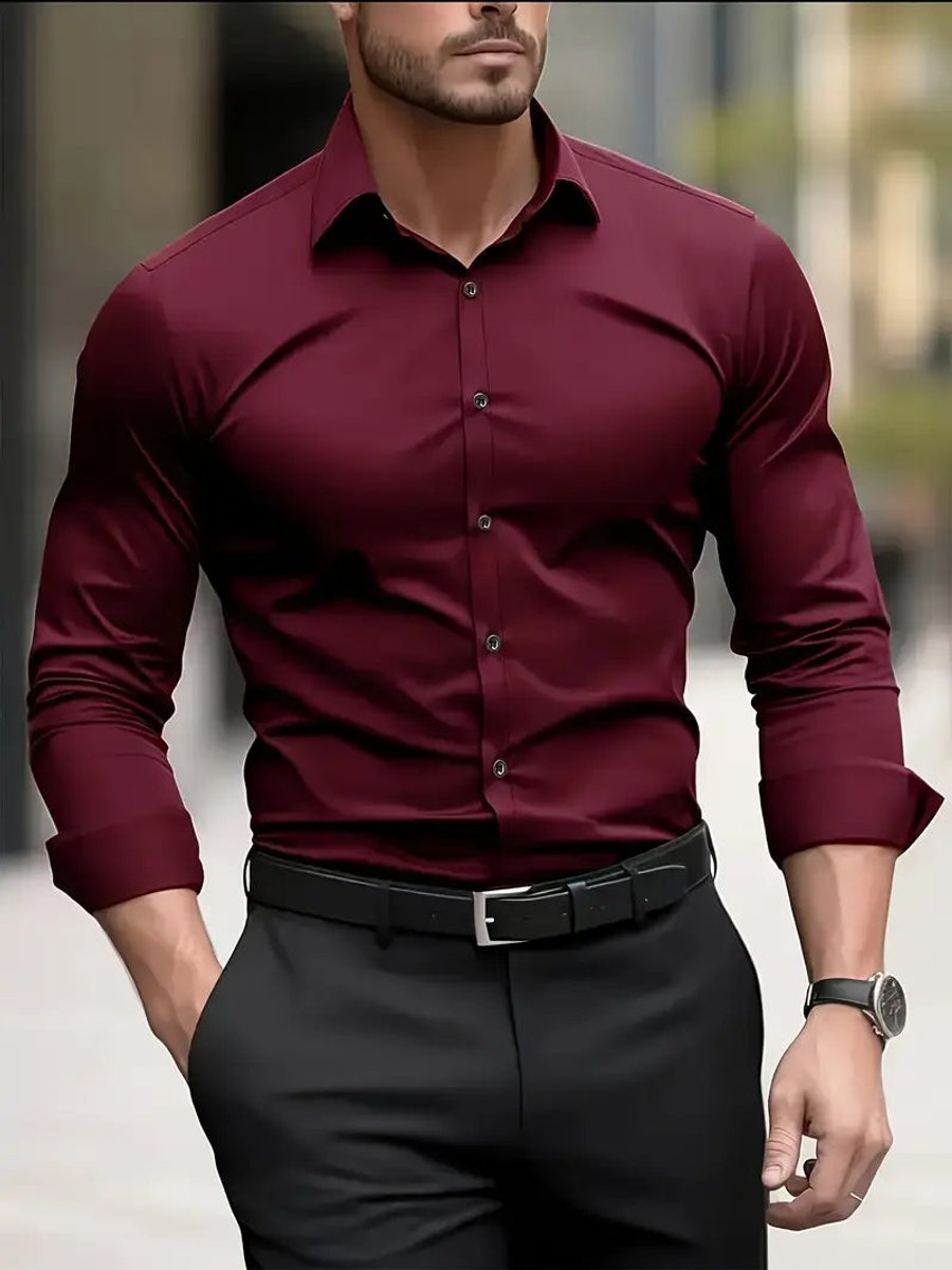 Herren Slim-Fit Knitterfreies Langarm Business-Hemd - Burgund