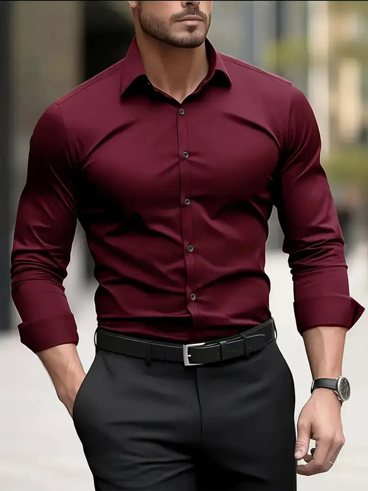 Herren Slim-Fit Knitterfreies Langarm Business-Hemd - Burgund