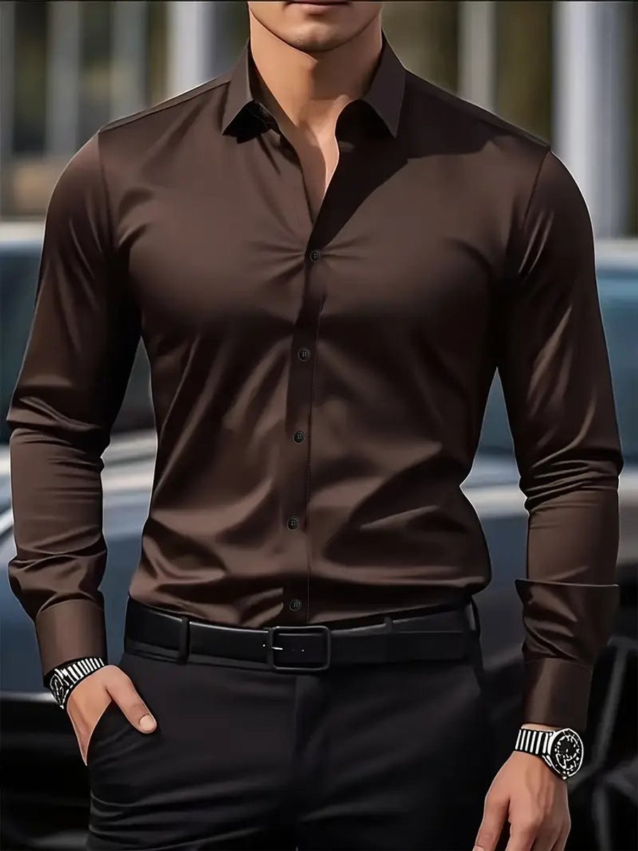 Herren Slim-Fit Knitterfreies Langarm Business-Hemd - Kaffee