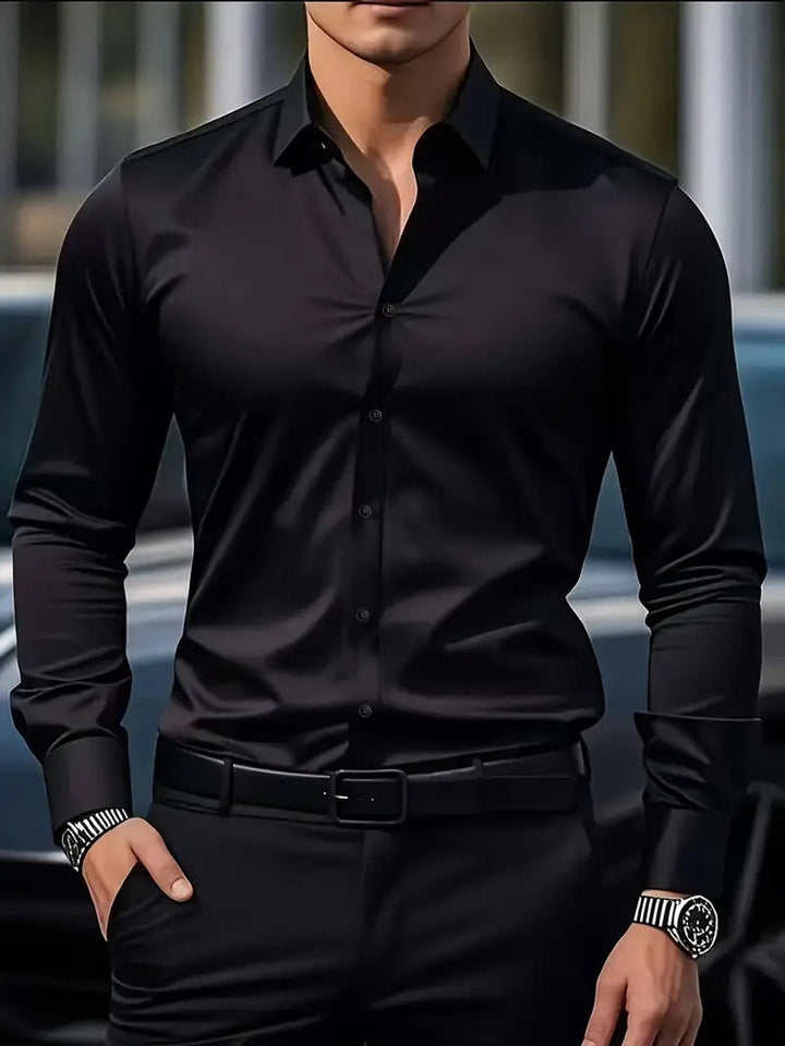 Herren Slim-Fit Knitterfreies Langarm Business-Hemd - Schwarz