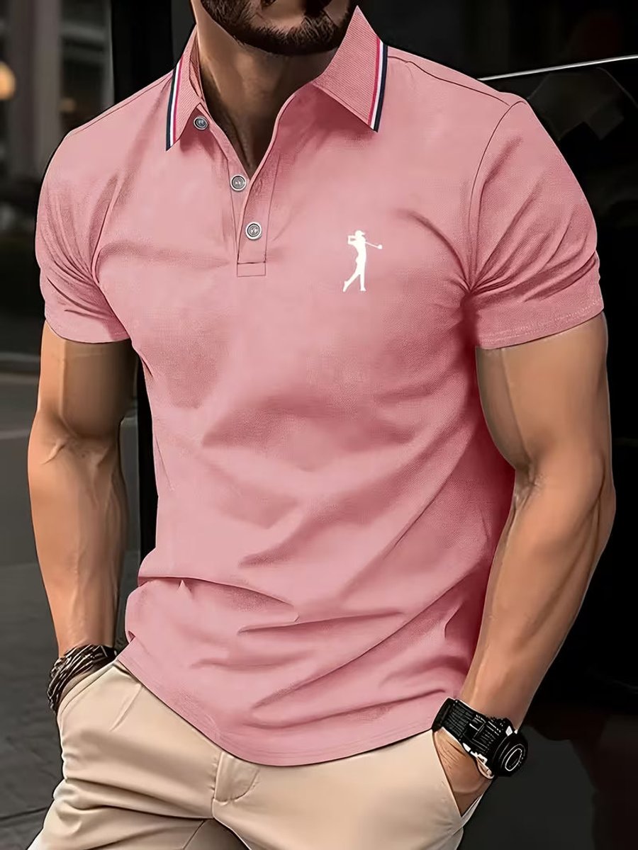 Herren Slim-Fit Kurzarm Poloshirt mit Streifenkragen - Rosa