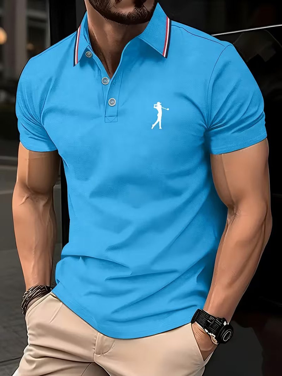 Herren Slim-Fit Kurzarm Poloshirt mit Streifenkragen - Hellblau