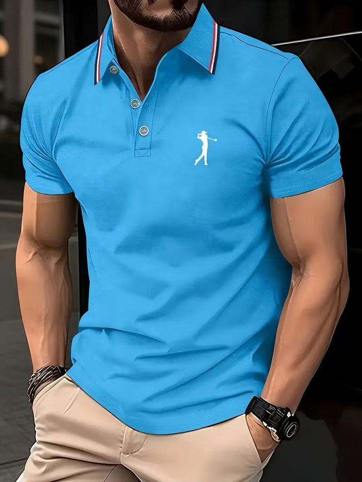 Herren Slim-Fit Kurzarm Poloshirt mit Streifenkragen - Hellblau