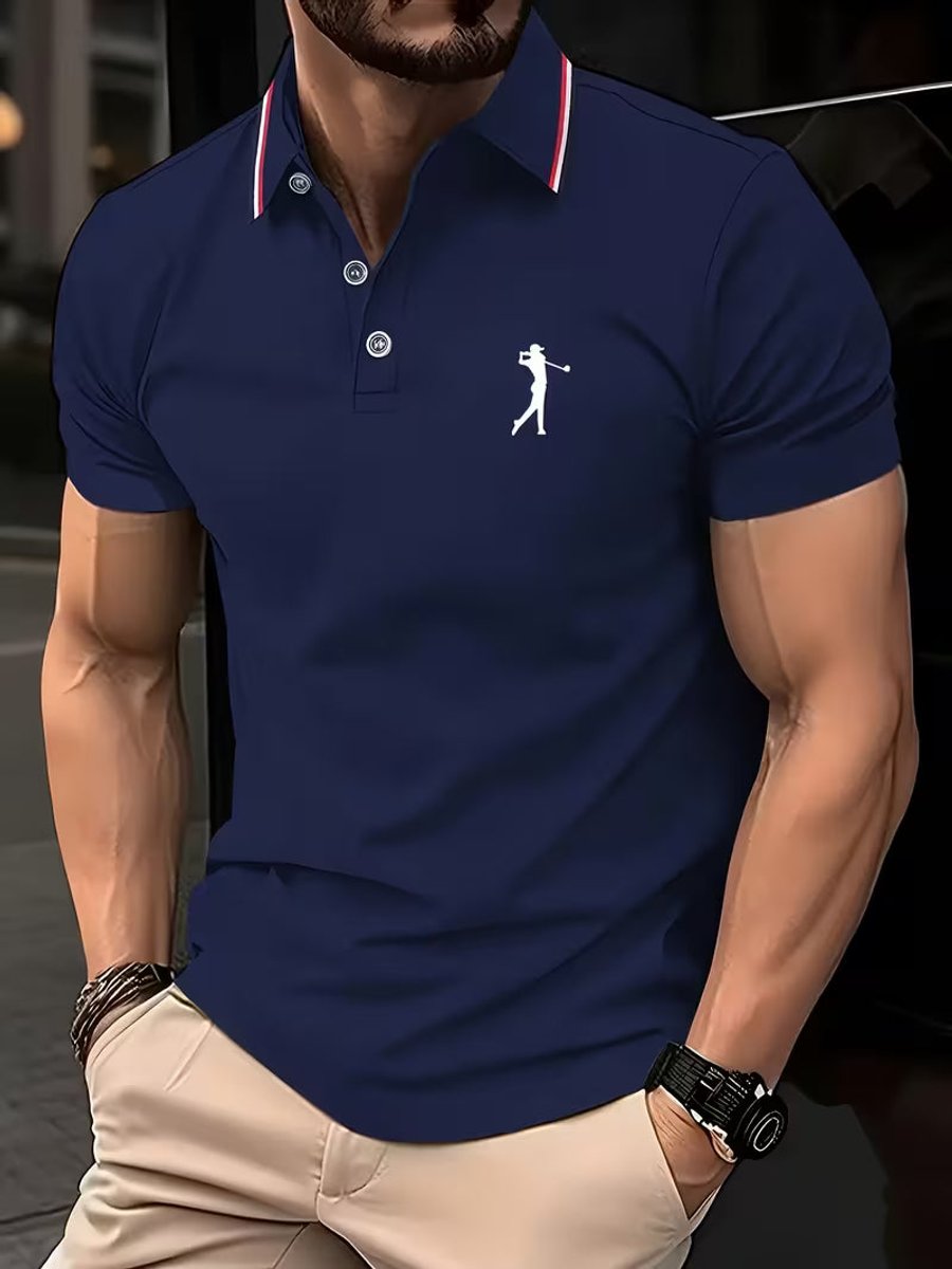 Herren Slim-Fit Kurzarm Poloshirt mit Streifenkragen - Marineblau