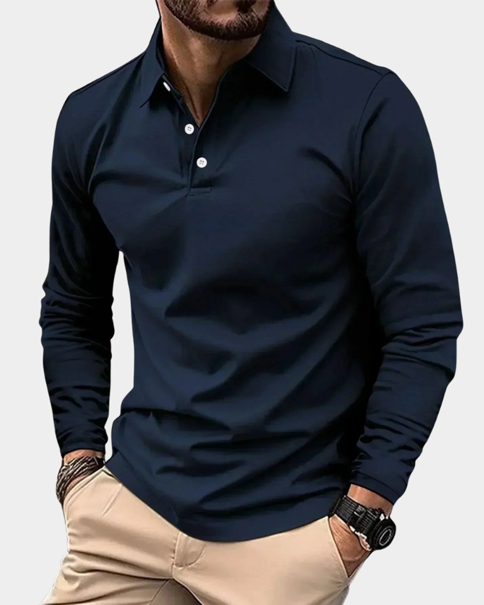 Herren Slim-Fit Langarm-Poloshirt Smart-Casual Knopfkragen - Blau