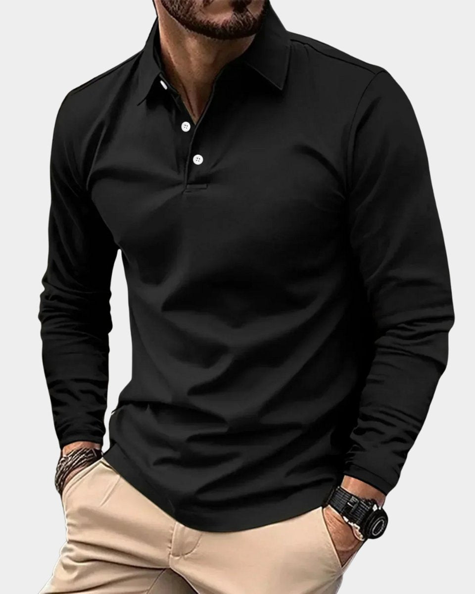 Herren Slim-Fit Langarm-Poloshirt Smart-Casual Knopfkragen - Schwarz