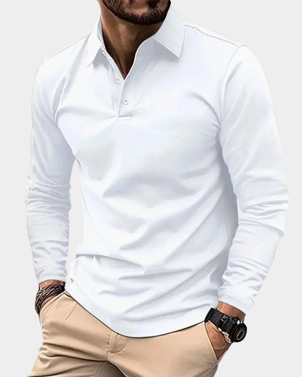 Herren Slim-Fit Langarm-Poloshirt Smart-Casual Knopfkragen - Weiß