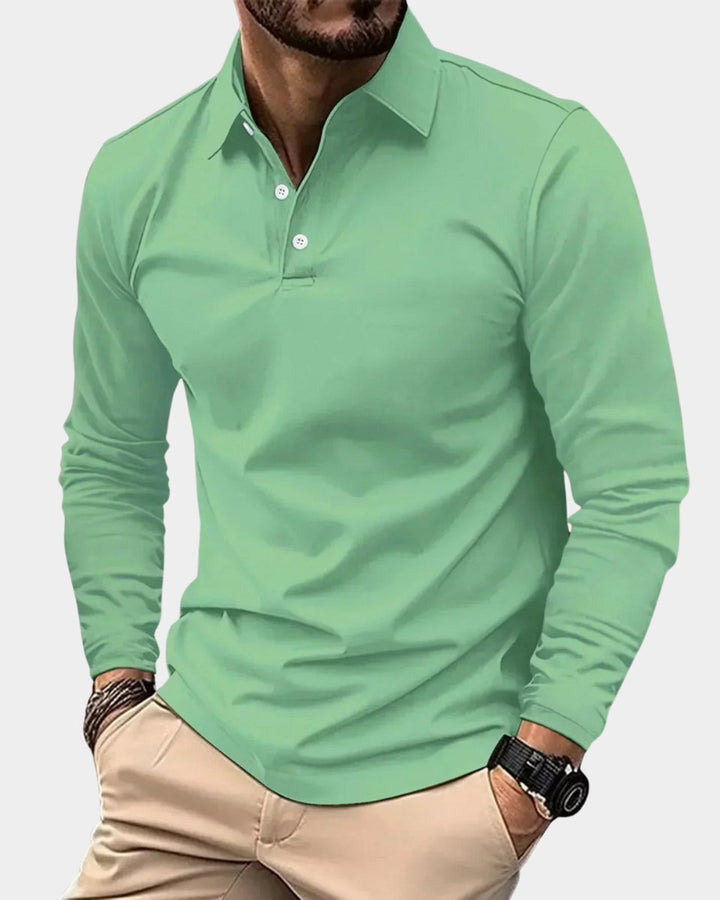 Herren Slim-Fit Langarm-Poloshirt Smart-Casual Knopfkragen - Grün