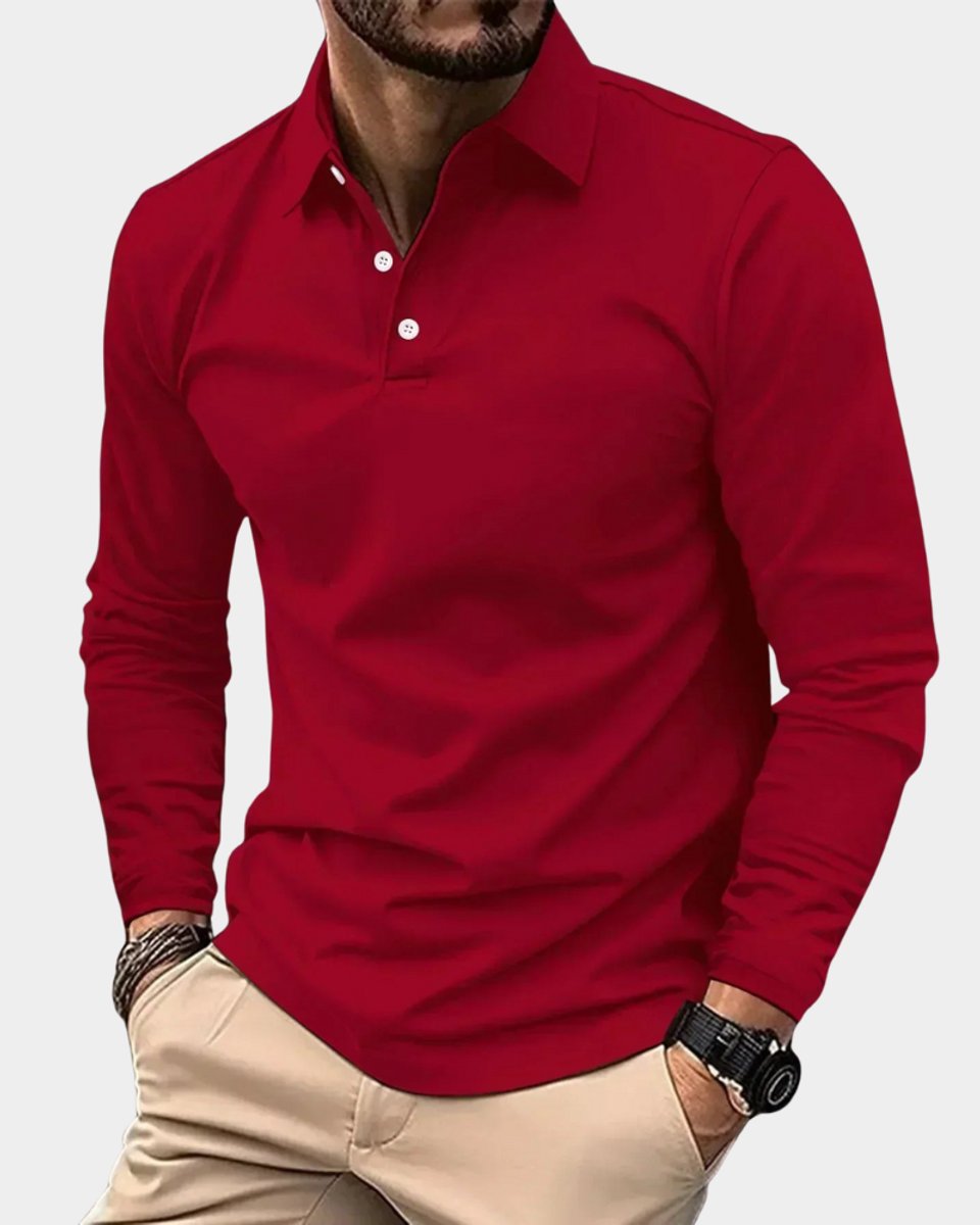 Herren Slim-Fit Langarm-Poloshirt Smart-Casual Knopfkragen - Rot