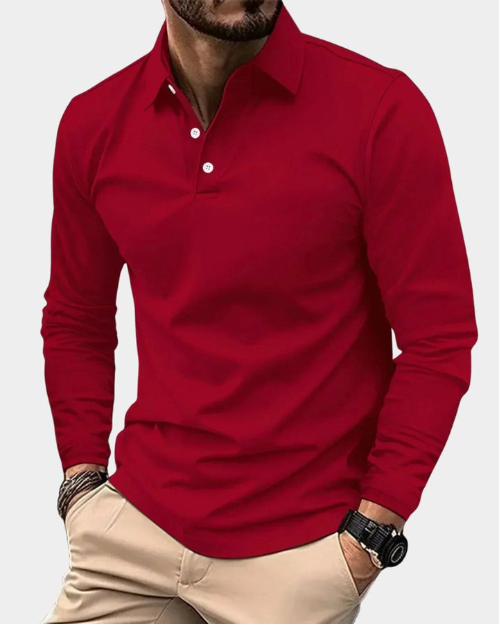 Herren Slim-Fit Langarm-Poloshirt Smart-Casual Knopfkragen - Rot