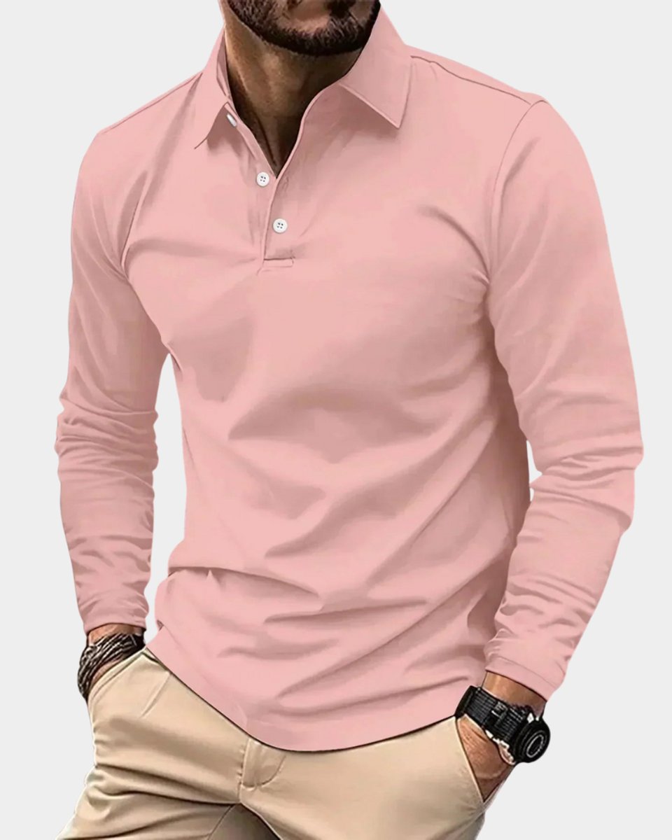 Herren Slim-Fit Langarm-Poloshirt Smart-Casual Knopfkragen - Rosa