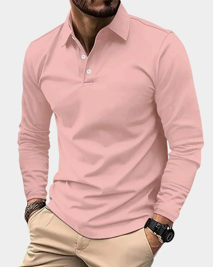 Herren Slim-Fit Langarm-Poloshirt Smart-Casual Knopfkragen - Rosa