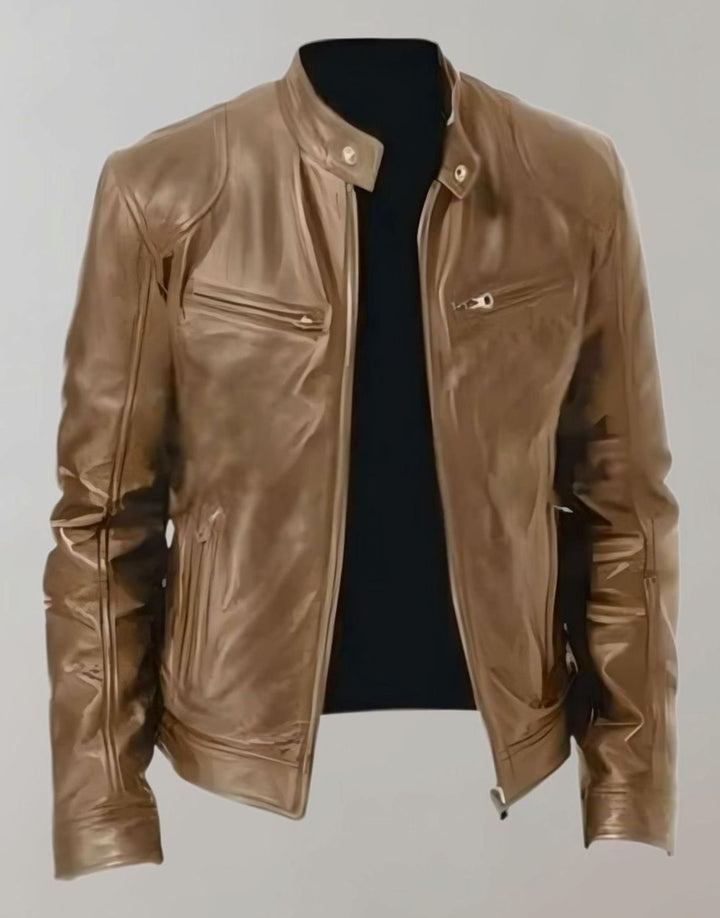 Herren Slim-Fit Lederjacke mit Stehkragen und Reißverschluss, Khaki - Khaki