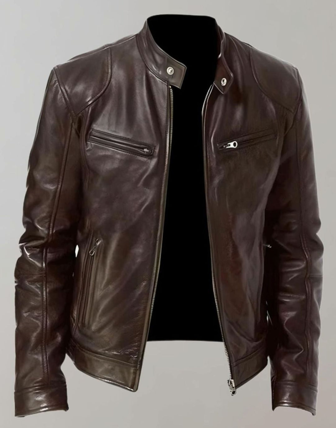 Herren Slim-Fit Lederjacke mit Stehkragen und Reißverschluss, Khaki - Braun