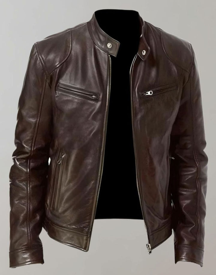 Herren Slim-Fit Lederjacke mit Stehkragen und Reißverschluss, Khaki - Braun