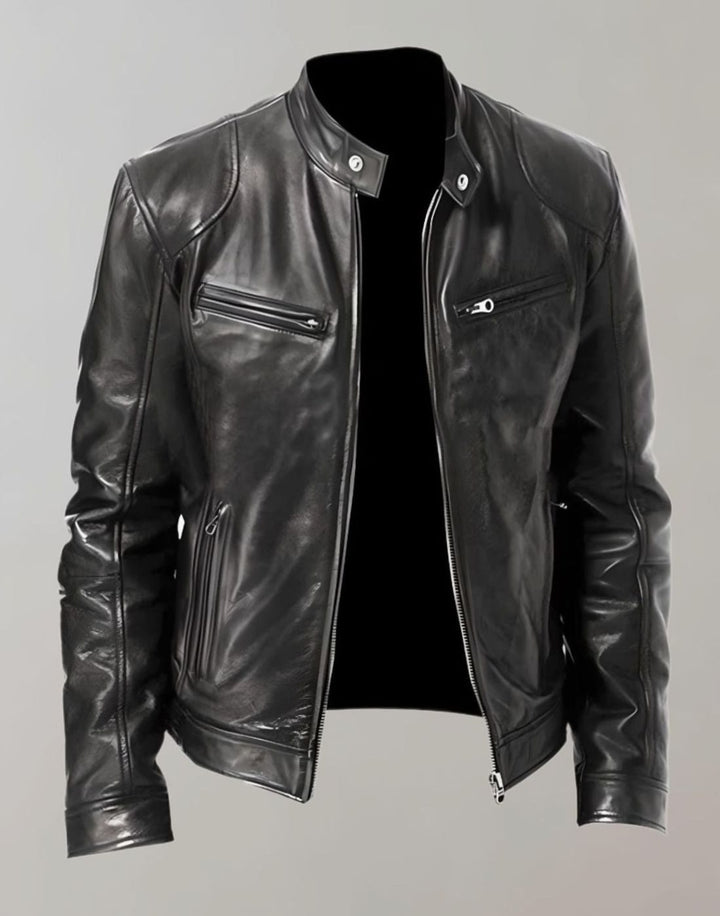 Herren Slim-Fit Lederjacke mit Stehkragen und Reißverschluss, Khaki - Schwarz