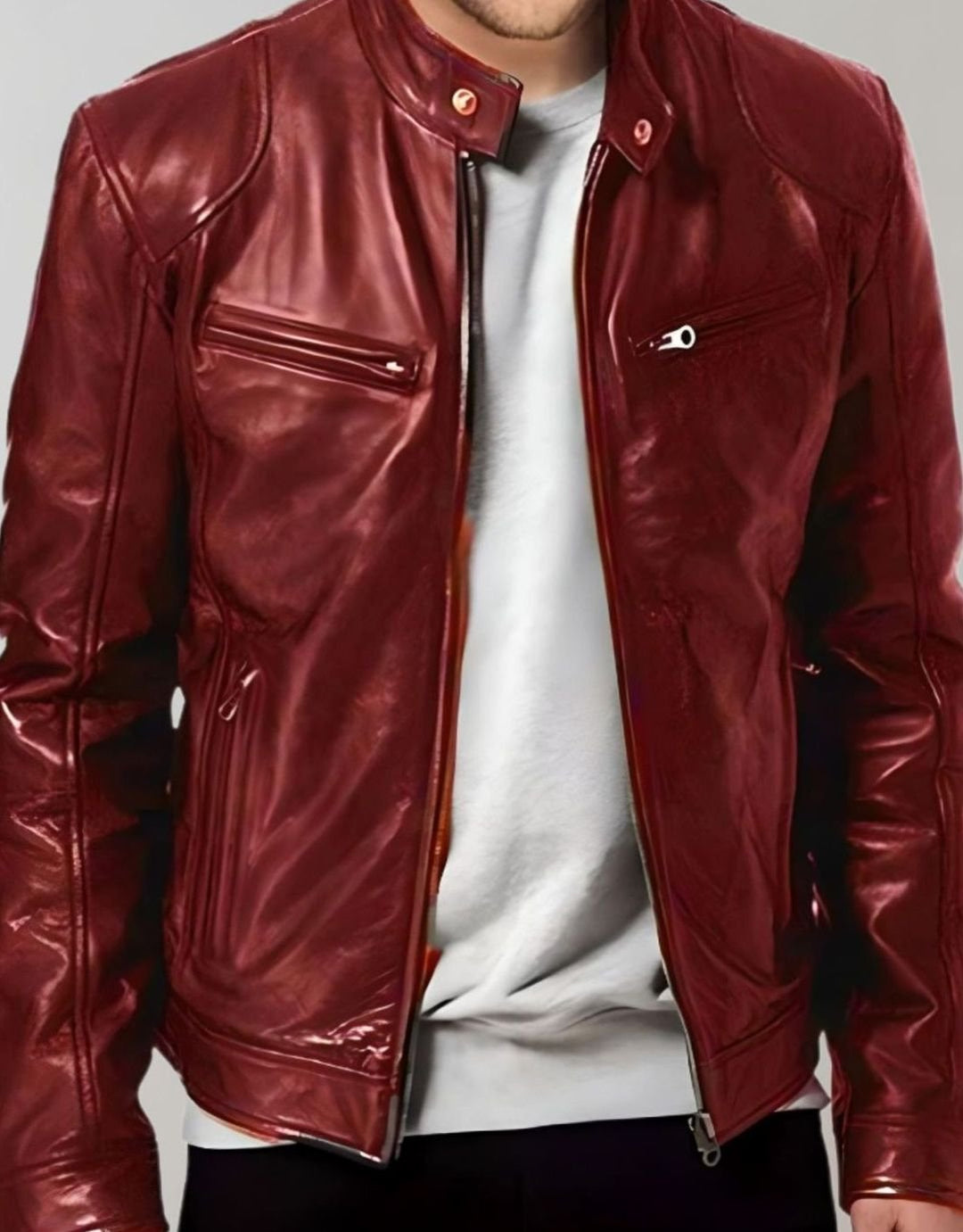 Herren Slim-Fit Lederjacke mit Stehkragen und Reißverschluss, Khaki - Rot