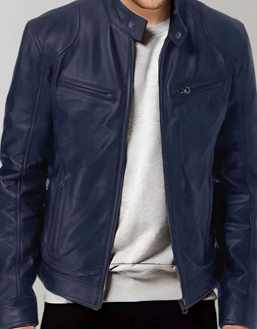 Herren Slim-Fit Lederjacke mit Stehkragen und Reißverschluss, Khaki - Dunkelblau