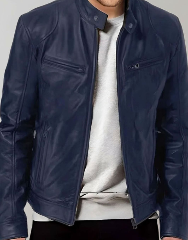 Herren Slim-Fit Lederjacke mit Stehkragen und Reißverschluss, Khaki - Dunkelblau