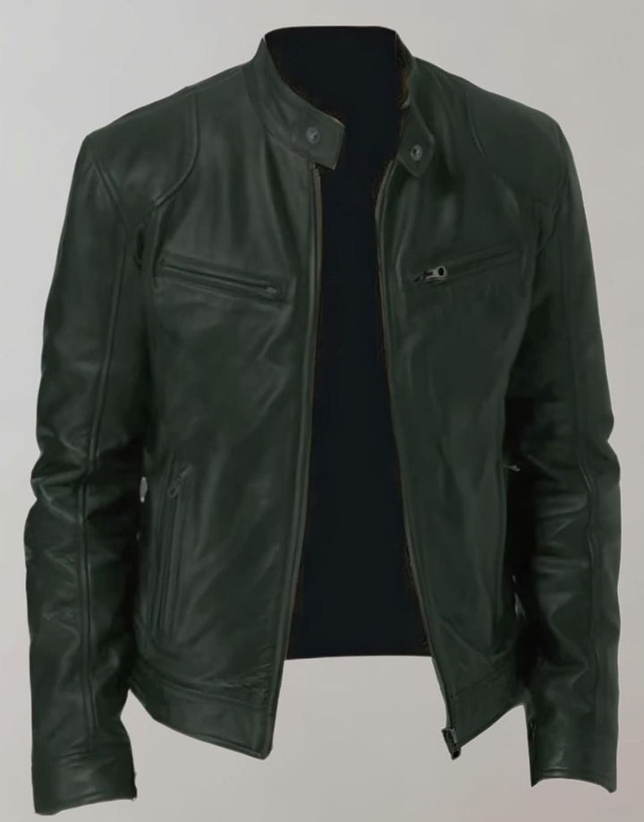 Herren Slim-Fit Lederjacke mit Stehkragen und Reißverschluss, Khaki - Grün