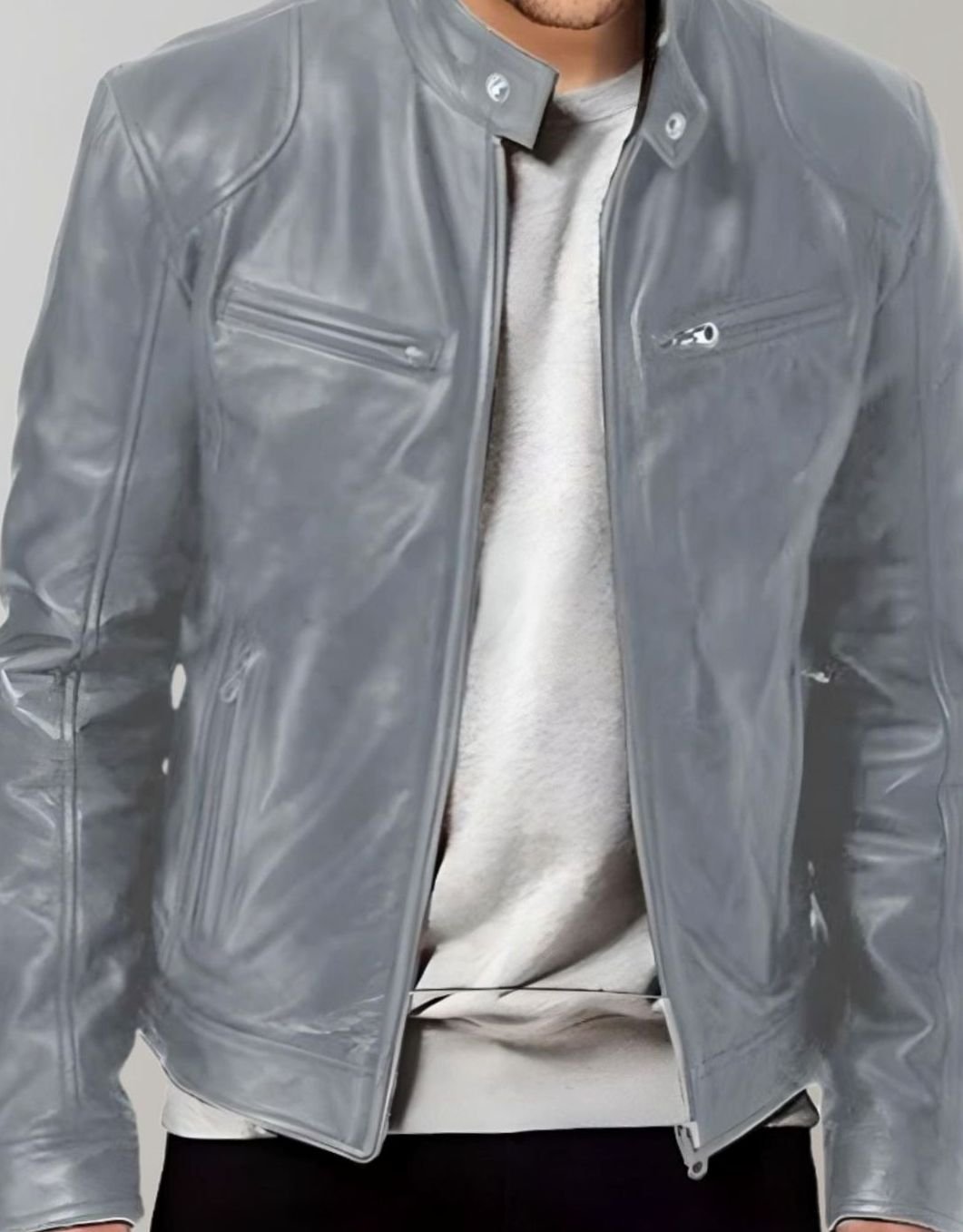 Herren Slim-Fit Lederjacke mit Stehkragen und Reißverschluss, Khaki - Grau