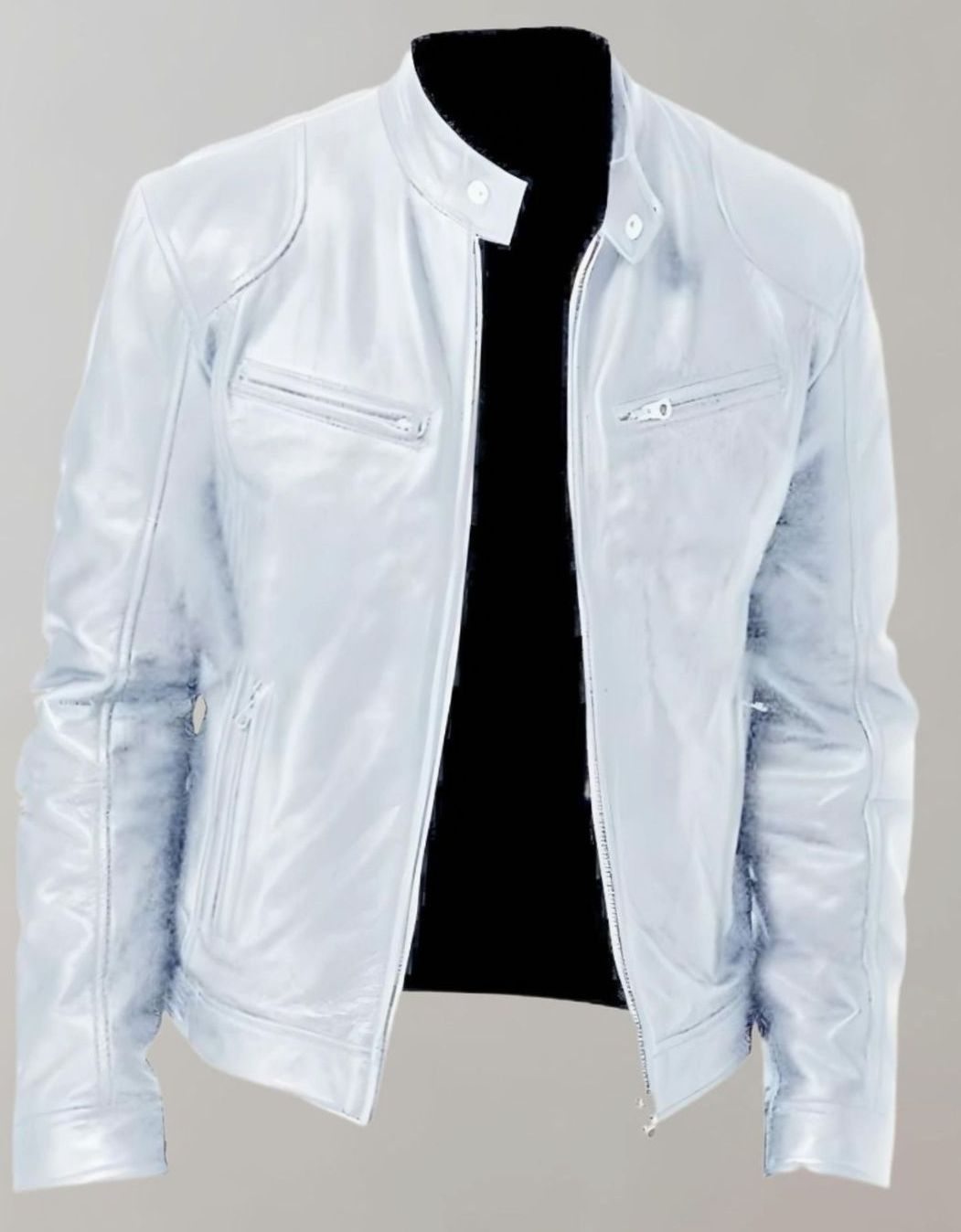 Herren Slim-Fit Lederjacke mit Stehkragen und Reißverschluss, Khaki - Weiß