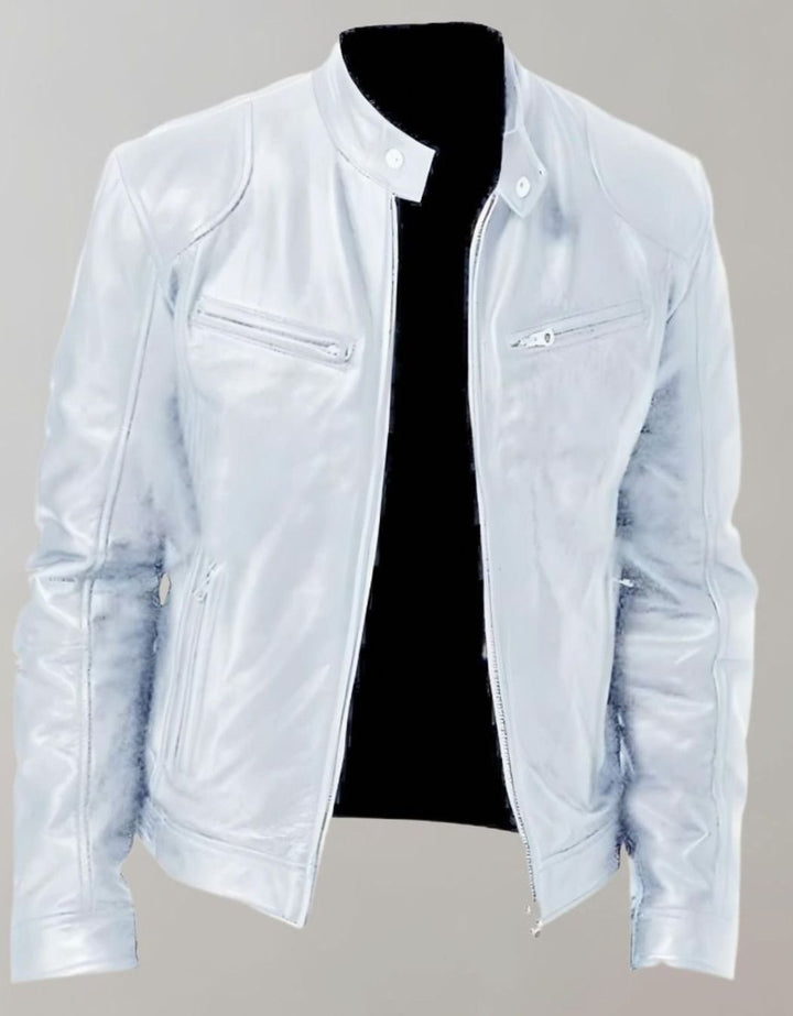 Herren Slim-Fit Lederjacke mit Stehkragen und Reißverschluss, Khaki - Weiß