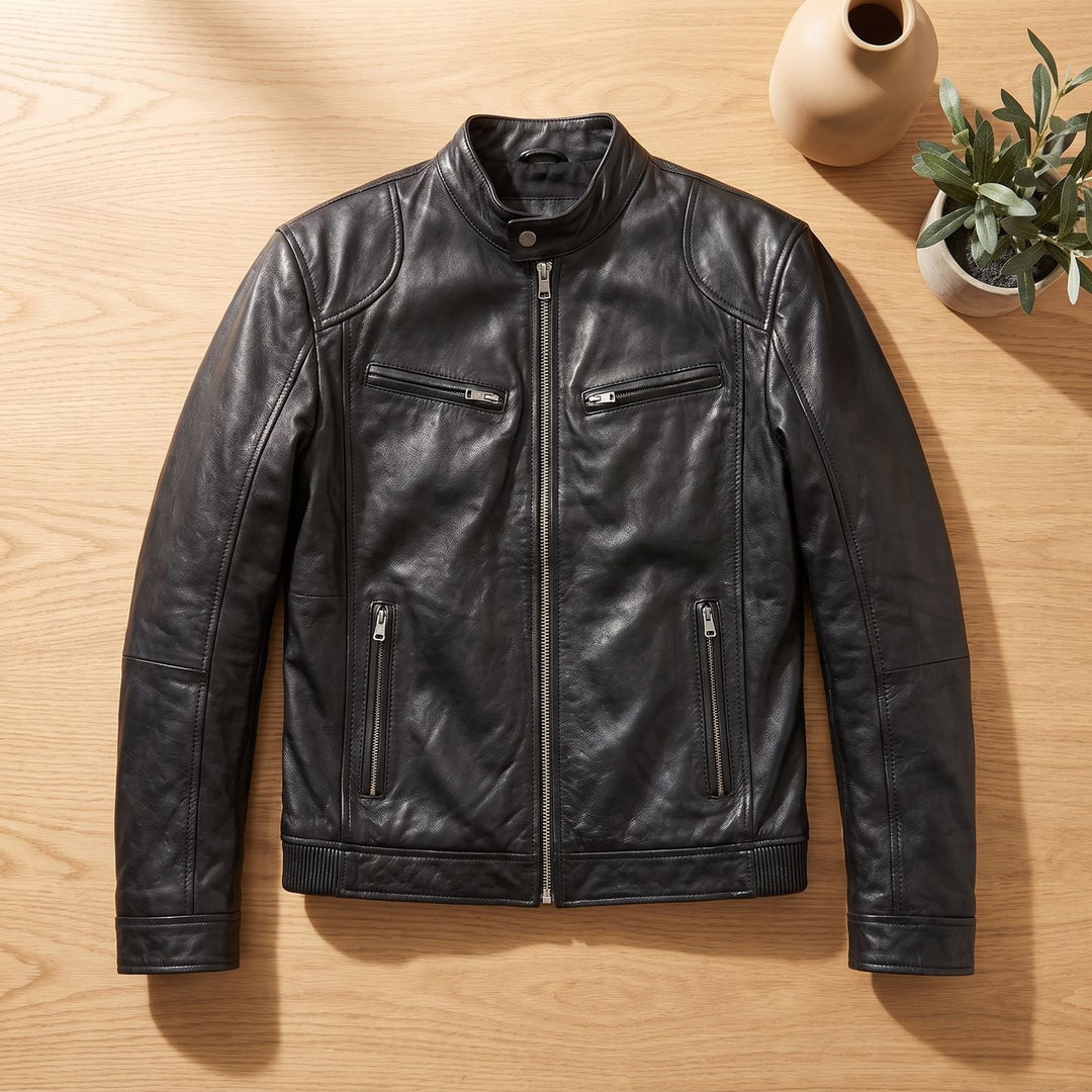 Herren Slim-Fit Lederjacke mit Stehkragen und Reißverschlusstaschen - Schwarz