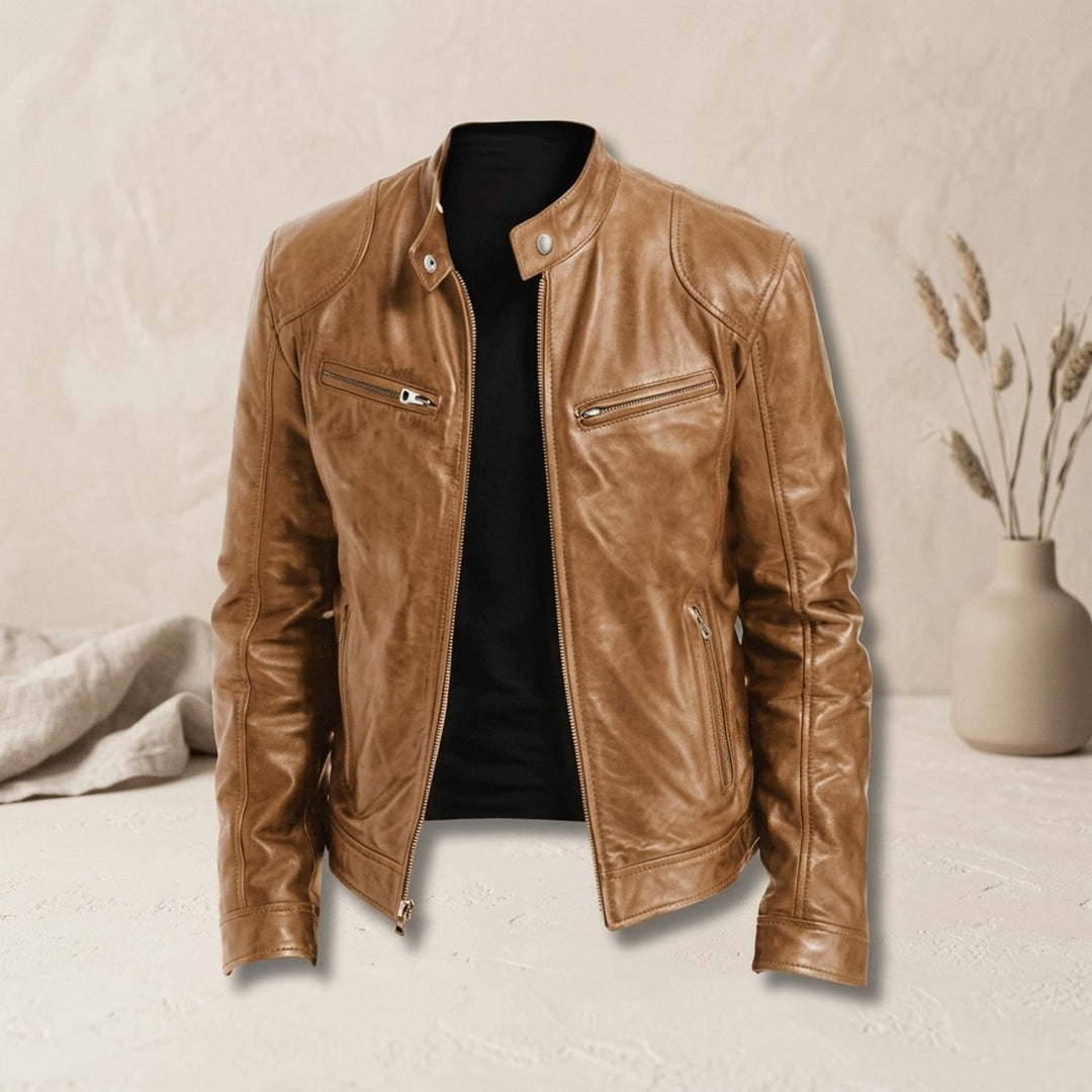 Herren Slim-Fit Lederjacke mit Stehkragen und Reißverschlusstaschen - Hellbraun