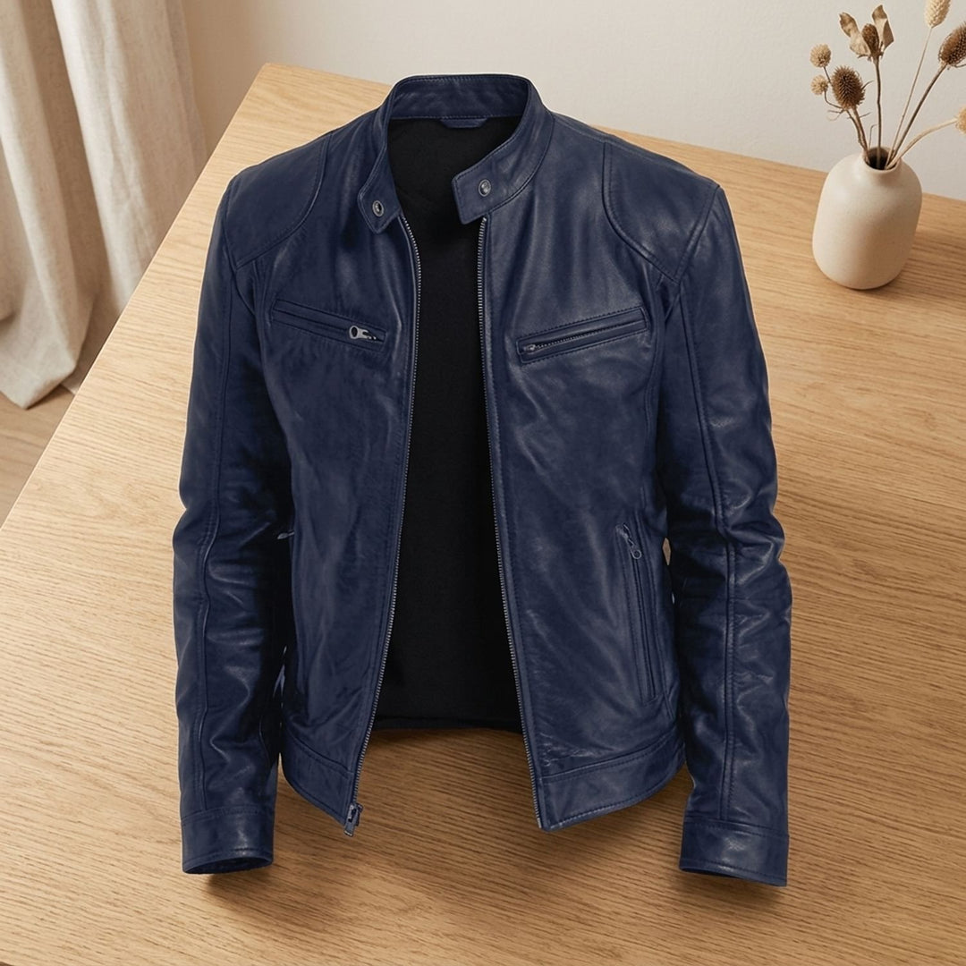 Herren Slim-Fit Lederjacke mit Stehkragen und Reißverschlusstaschen - Marineblau