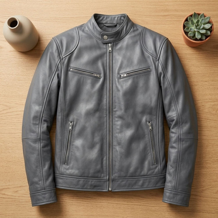 Herren Slim-Fit Lederjacke mit Stehkragen und Reißverschlusstaschen - Grau