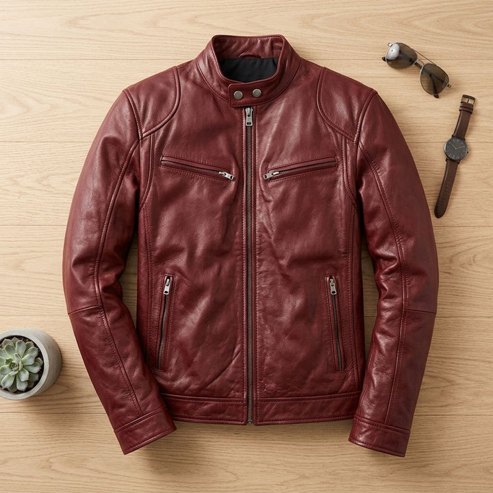 Herren Slim-Fit Lederjacke mit Stehkragen und Reißverschlusstaschen - Rot