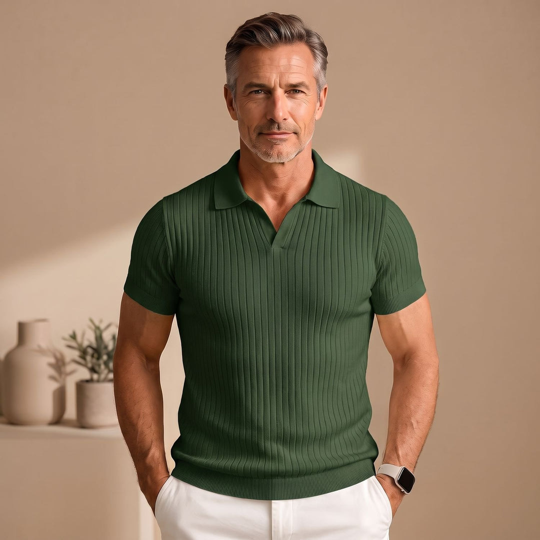 Herren Slim-Fit Poloshirt Kurzarm Rippenstrick offener Kragen - Grün