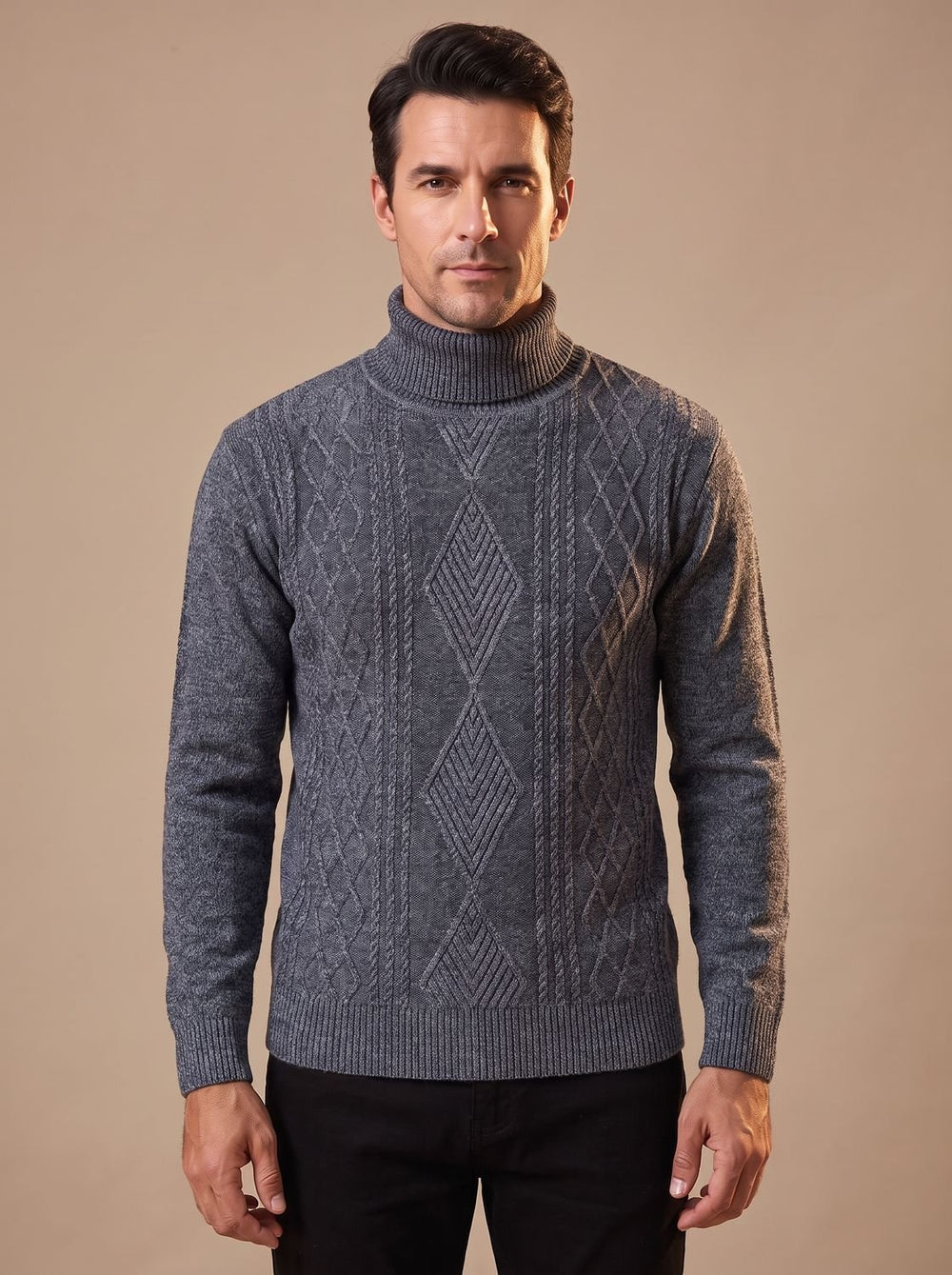 Herren Slim-Fit Rollkragenpullover mit Zopfmuster, Black