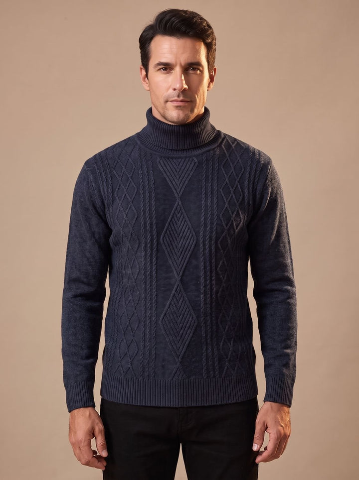Herren Slim-Fit Rollkragenpullover mit Zopfmuster, Black