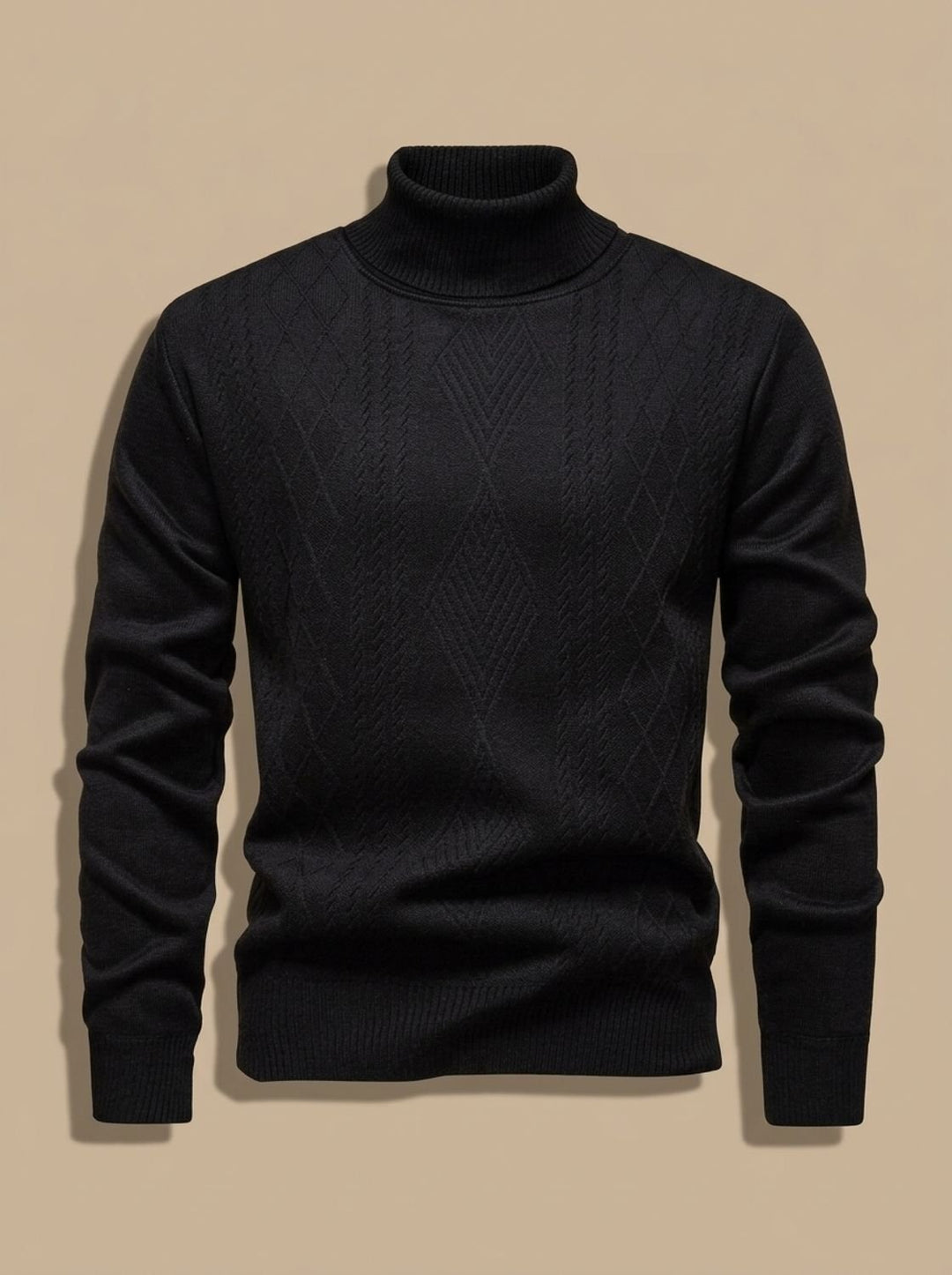 Herren Slim-Fit Rollkragenpullover mit Zopfmuster, Black - Schwarz