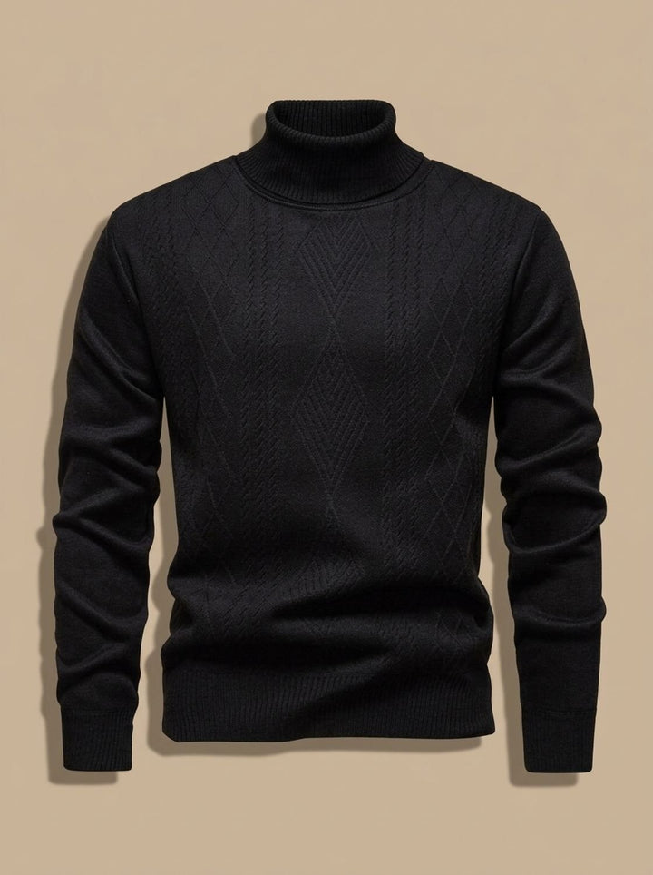 Herren Slim-Fit Rollkragenpullover mit Zopfmuster, Black - Schwarz