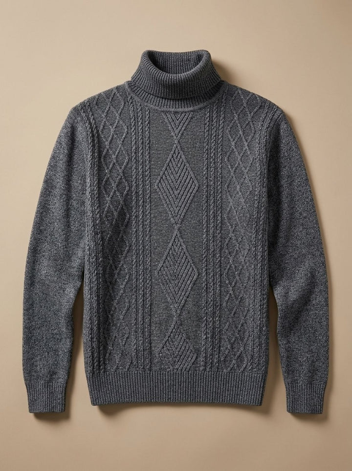 Herren Slim-Fit Rollkragenpullover mit Zopfmuster, Black - Hellgrau